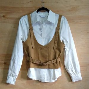 Button Down Long Sleeve Oversized White Blouse with Beige Vest